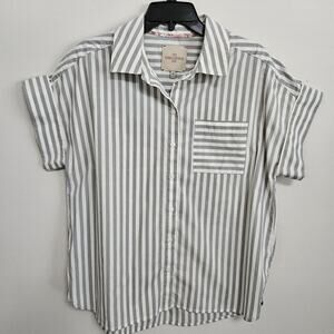 Casa Cabana Sage Green & Ivory Stripe Shirt Blouse Cap Sleeve Pleated Back M